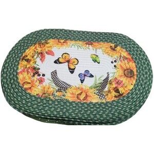 Oval Braided Rug (20"x30") COLORFUL BUTTERFLIES, FLOWERS & SUNFLOWERS, green, CE